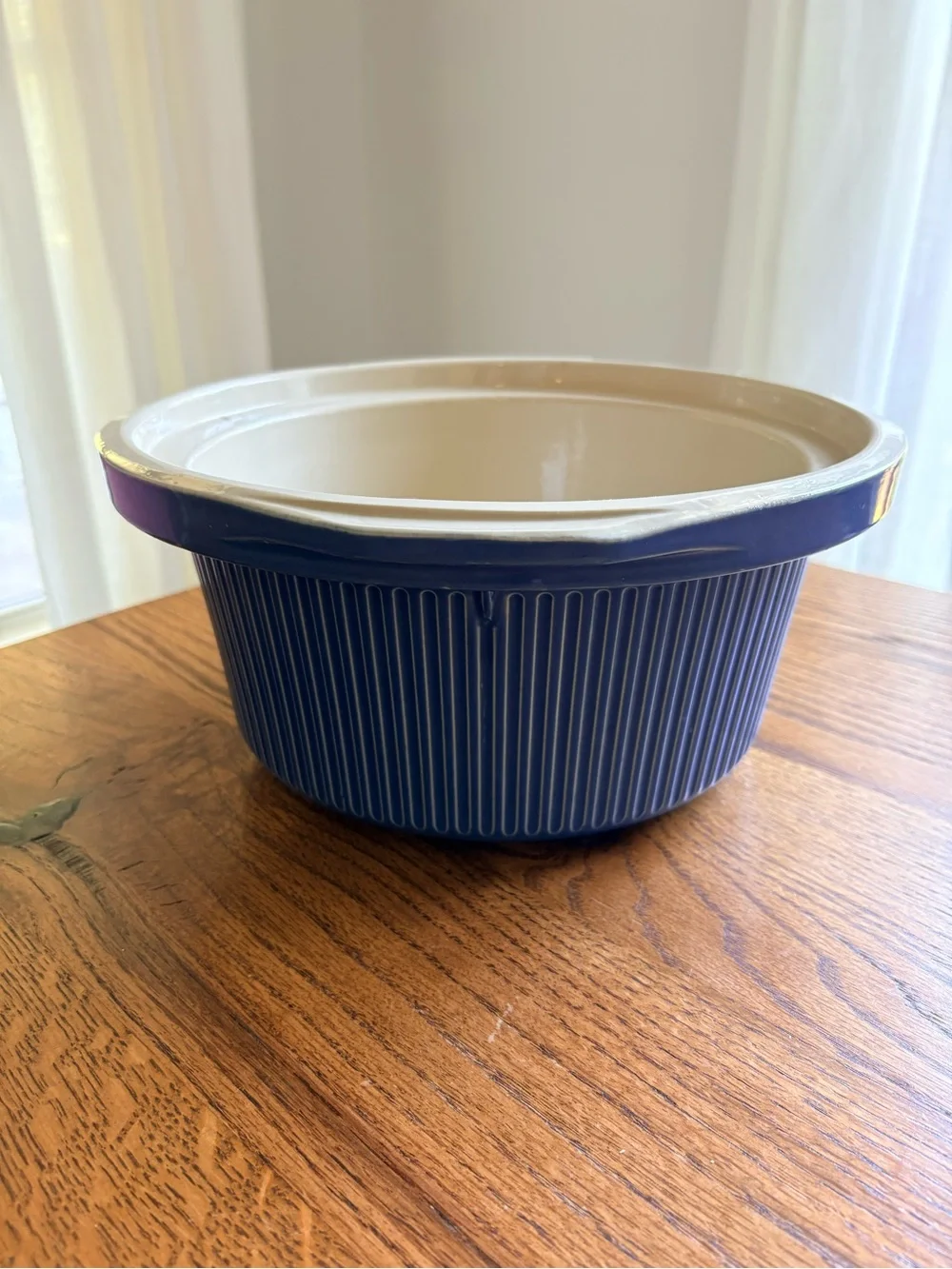 Vintage blue and cream ribbed Rival Crock for crockpot-